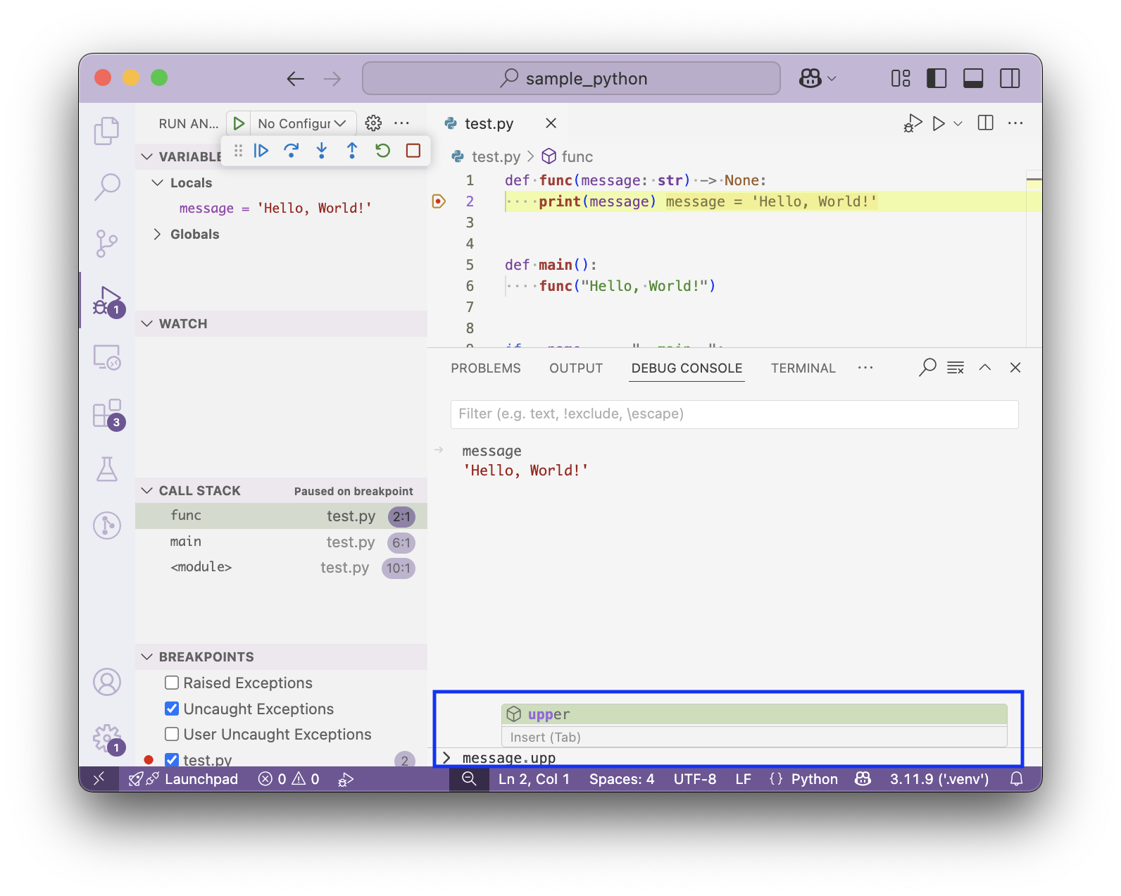 Autocomplete in the debug console